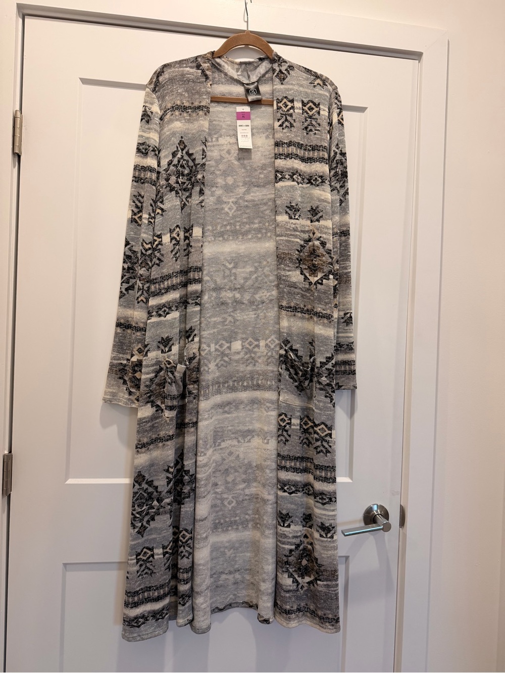 Agnes & Dora Gray Aztec-Pattern Open Duster Cardigan